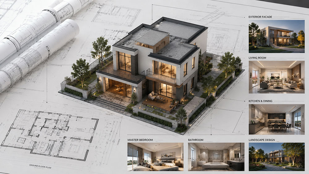3D architectural visualization of a luxury villa with floor plans and interior renders