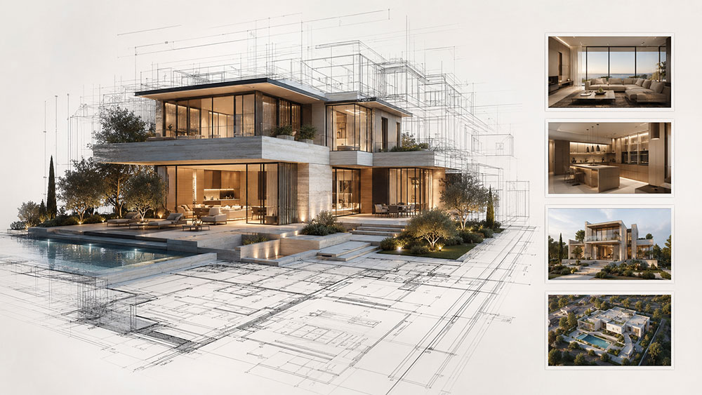 3D architectural visualization sketch-to-render of a luxury villa