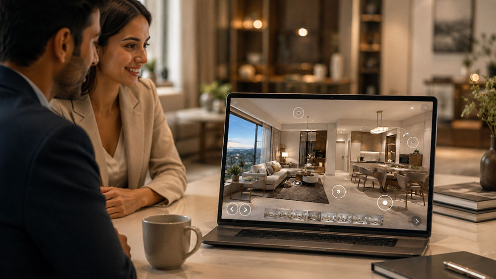 Couple exploring a 360 degree virtual tour of a luxury apartment on laptop