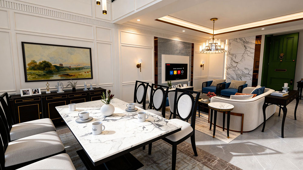 Photo-realistic 3D walkthrough of a luxury apartment interior by MHXP