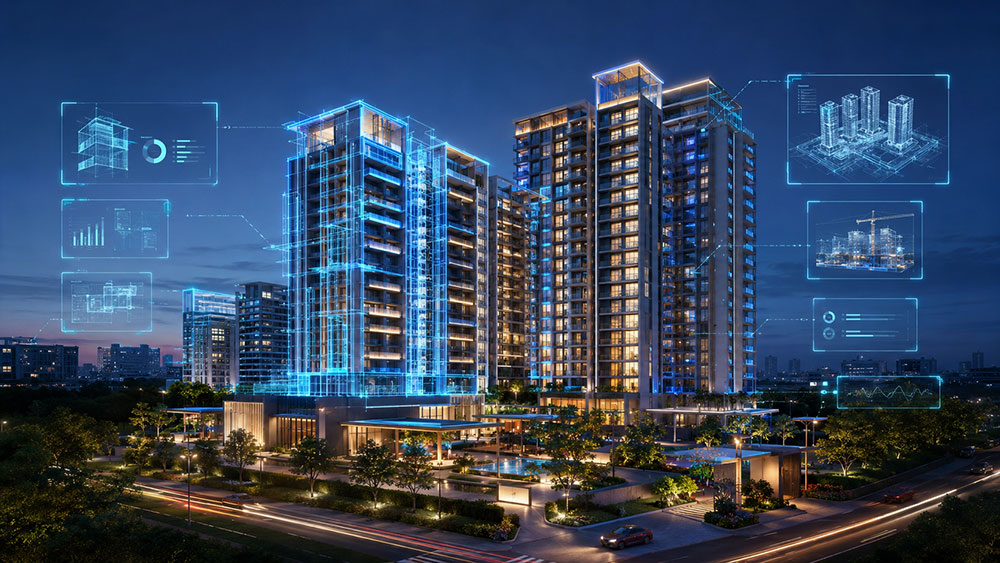 Real estate digital twin — residential towers with holographic data overlays