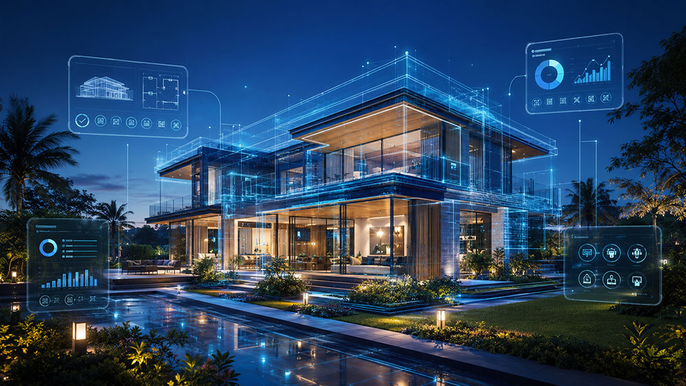 Real estate digital twin of a luxury villa with holographic data overlay