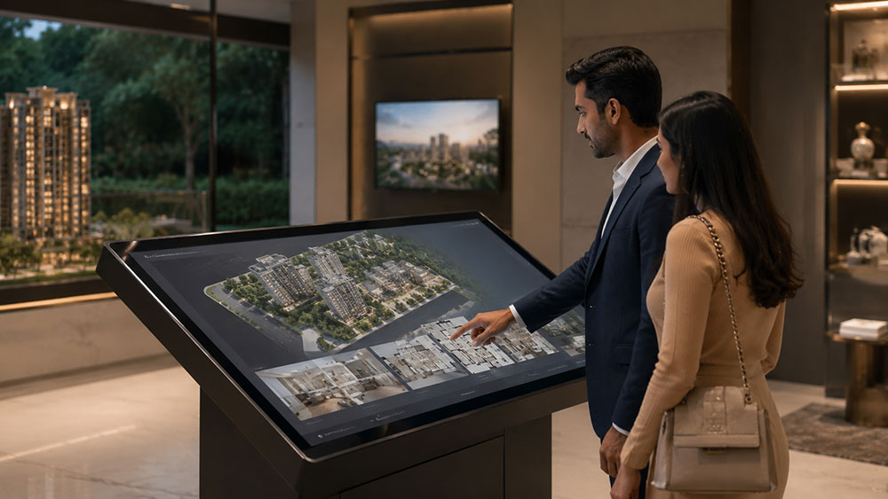 Interactive touch screen kiosk in a real estate sales gallery by MHXP