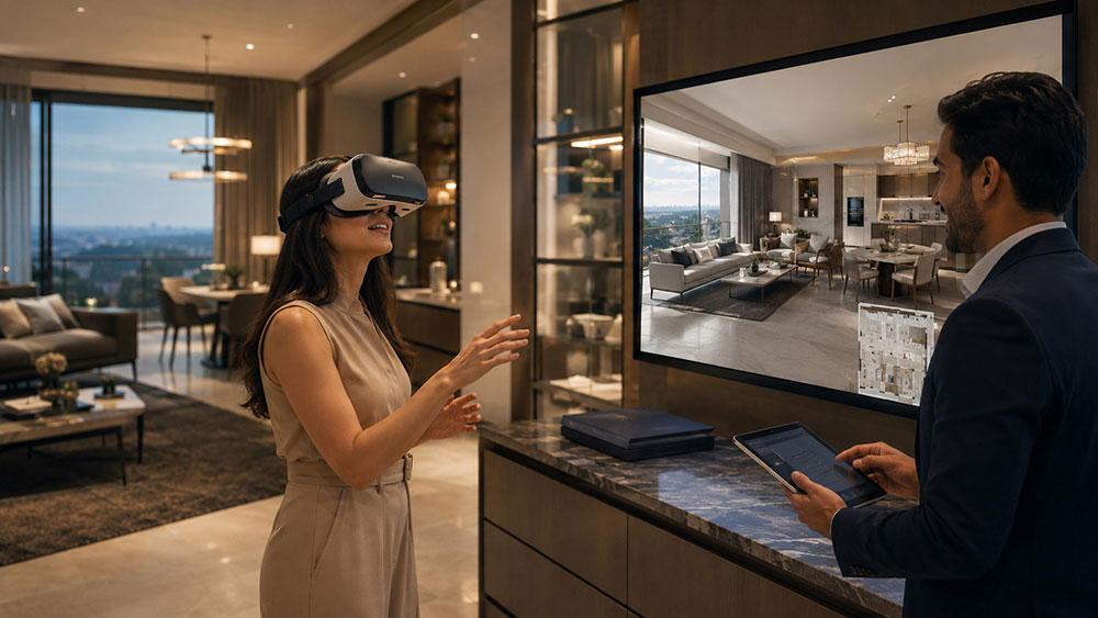 Buyer experiencing a VR walkthrough in a luxury real estate sales gallery
